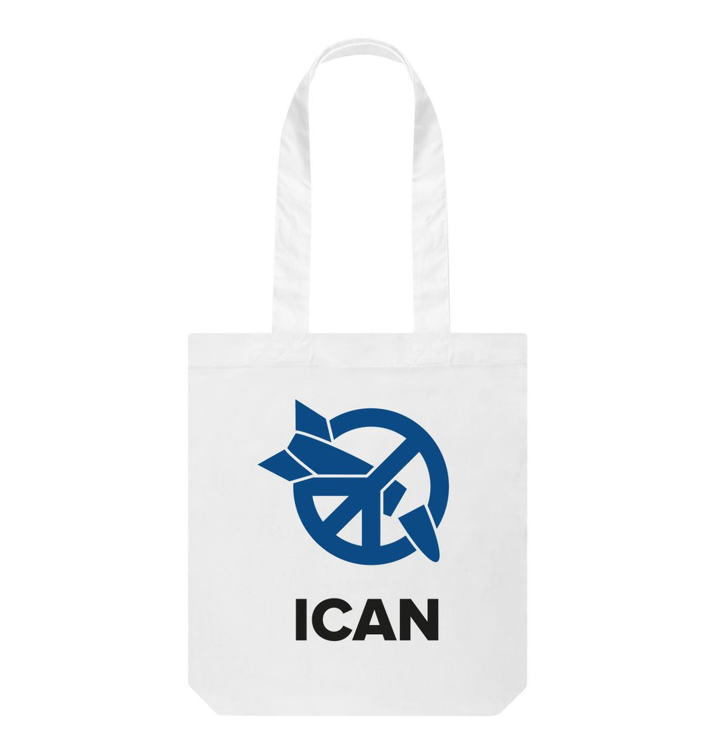 White ICAN Blue Logo Tote